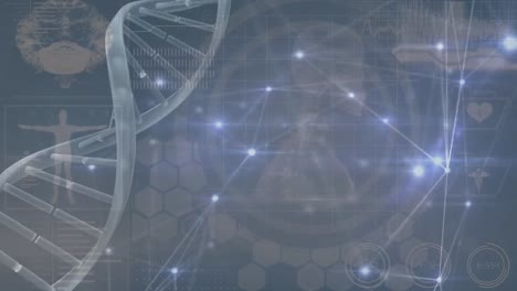 Animation-of-dna-and-diverse-scientific-data-over-grey-background
