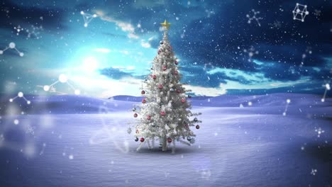 Animation-Von-Molekülen-über-Einer-Winterlandschaft-Mit-Weihnachtsbaum