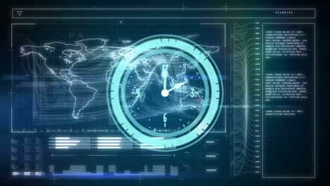 Animation-of-data-processing-and-clock-over-world-map