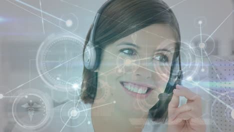 Animation-of-network-of-connections-over-caucasian-businesswoman-using-phone-headset