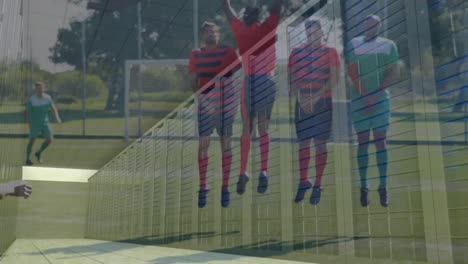 Animation-Der-Datenverarbeitung-über-Verschiedene-Männliche-Fußballspieler-Auf-Dem-Sportplatz