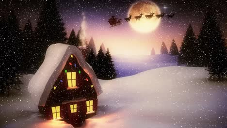 Animation-Von-Schnee,-Der-über-Die-Nächtliche-Winterlandschaft-Mit-Haus-Und-Weihnachtsmannschlitten-Fällt
