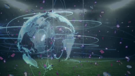 Animation-of-falling-rugby-balls-with-globe-and-network-of-connections-over-floodlit-rugby-pitch
