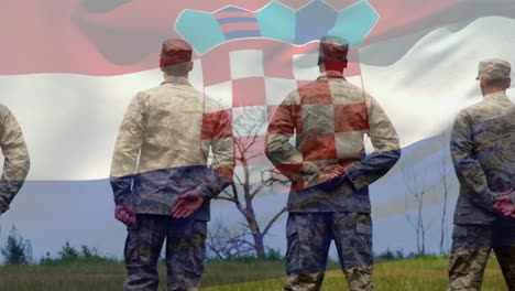 Animation-Der-Flagge-Kroatiens-über-Der-Rückansicht-Männlicher-Soldaten,-Die-Auf-Dem-Land-Stehen