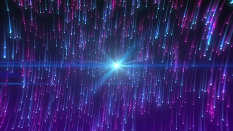 Animation-of-star-appearing-over-black-background-with-pink-and-blue-falling-lights