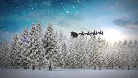 Animación-De-Papá-Noel-En-Silueta-De-Trineo-Volando-Sobre-árboles-Nevados-En-Un-Paisaje-Invernal