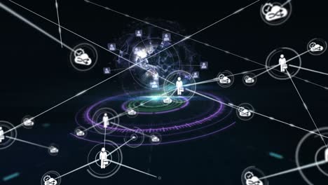 Animation-of-network-of-connections-with-icons-over-scope-and-globe-on-black-background