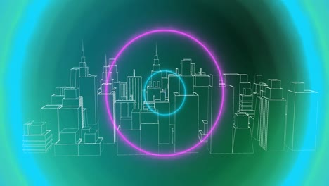 Animation-Von-Neonkreisen-über-Der-Metaverse-Stadt-Auf-Grünem-Hintergrund