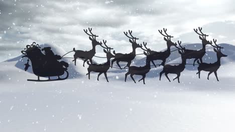 Animation-of-father-christmas-in-sleigh-silhouette-flying-over-snowy-winter-scenery