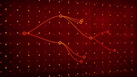 Animation-of-network-of-connection-with-red-and-yellow-dots-on-red-background