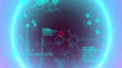 Animation-Von-Neonkreisen-über-Wissenschaftlicher-Datenverarbeitung-Auf-Violettem-Hintergrund