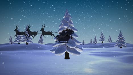 Animation-Des-Weihnachtsmanns-In-Schlittensilhouette,-Der-über-Bäume-Und-Verschneite-Winterlandschaft-Fliegt