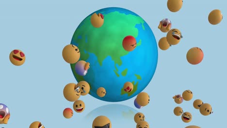 Animation-Von-Emoji-Symbolen-über-Dem-Globus-Auf-Blauem-Hintergrund