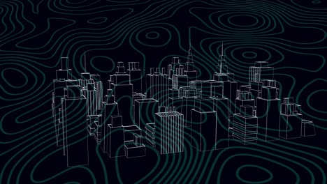 Animation-of-metaverse-city-rotating-on-black-background-with-isohypses