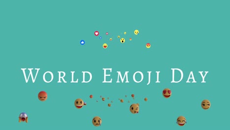 Animation-of-world-emoji-day-text-over-emoji-icons-on-green-background