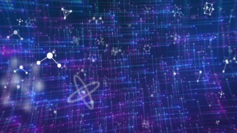 Animation-of-molecules-moving-on-navy-background-with-lights