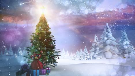 Animation-of-snow-falling-over-christmas-tree-and-winter-landscape