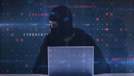 Animation-Einer-Cyber-Angriffswarnung-Und-Eines-Hackers-über-Einem-Kaukasischen-Mann-Im-Serverraum