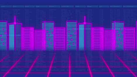 Animation-of-data-processing-over-cityscape-on-blue-background