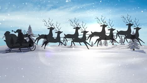 Animation-Des-Weihnachtsmanns-In-Schlittensilhouette,-Der-über-Verschneite-Winterlandschaft-Fliegt