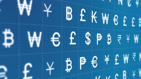 Animation-of-rows-of-currency-signs-moving-on-blue-background