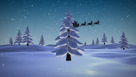 Animación-De-Papá-Noel-En-Silueta-De-Trineo-Volando-Sobre-árboles-En-Un-Paisaje-Nevado-De-Invierno