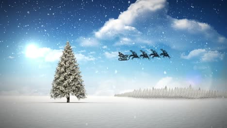 Animation-Des-Weihnachtsmanns-In-Schlittensilhouette,-Der-über-Einen-Baum-Und-Eine-Verschneite-Winterlandschaft-Fliegt