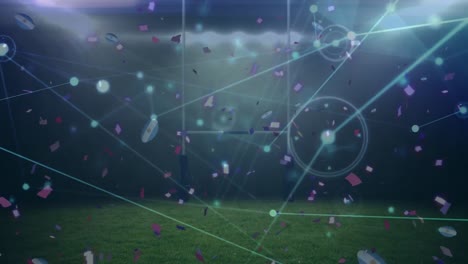 Animation-of-falling-rugby-balls-and-network-of-connections-over-floodlit-rugby-pitch-at-night