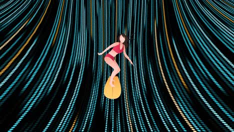 Animation-of-cartoon-female-surfer-over-black-background-with-yellow-and-green-lights