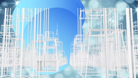 Animation-of-3d-white-buildings-in-futuristic-cityscape-over-blue-abstract-background