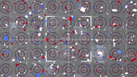 Animation-of-american-red,-white-and-blue-confetti-falling-over-scope-and-pattern-of-circles