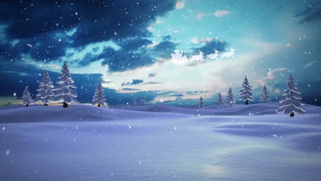 Animation-Des-Weihnachtsmanns-In-Schlittensilhouette,-Der-über-Verschneite-Winterlandschaft-Fliegt