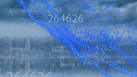 Animation-Einer-Blauen-Welle-Und-Zahlen-über-Dem-Stadtbild