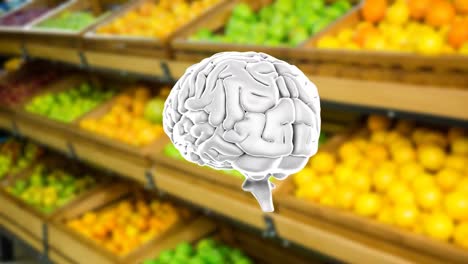 Animation-of-brain-rotating-over-blurred-grocery-shelves