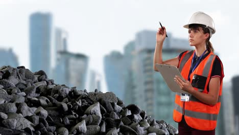Animation-of-caucasian-female-engineer-over-rocks-and-cityscape