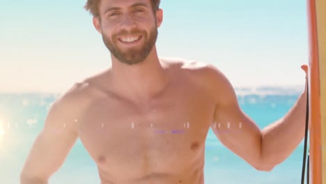 Animation-of-light-over-happy-caucasian-man-holding-surfboard-on-beach-and-looking-at-camera
