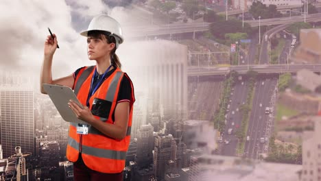 Animation-of-caucasian-female-engineer-over-cityscape