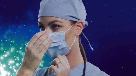 Animation-Einer-Kaukasischen-Ärztin-über-Hellen-Flecken-Auf-Blauem-Hintergrund