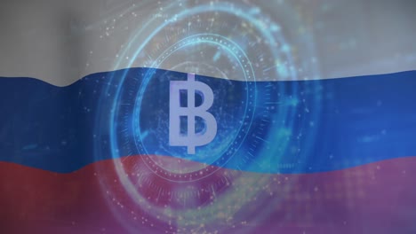 Animation-of-scope-scnanning-and-bitcoin-symbol-over-flag-of-russia