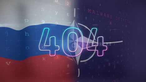 Animation-Der-404-Text--Und-Datenverarbeitung-über-Der-Flagge-Russlands-Und-Der-NATO