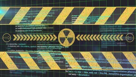 Animation-of-data-processing-and-radioactive-symbol-over-black-background