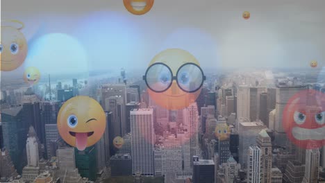 Animation-Von-Emoji-Symbolen-über-Lichtpunkten-Und-Stadtlandschaften