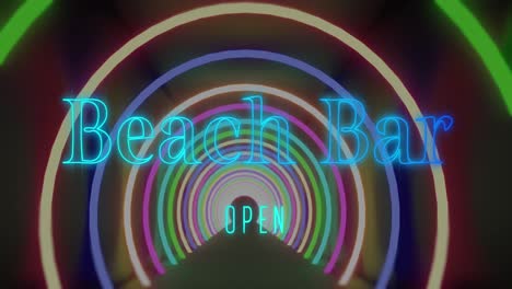 Animation-Einer-Strandparty-über-Neonkreisen-Auf-Schwarzem-Hintergrund