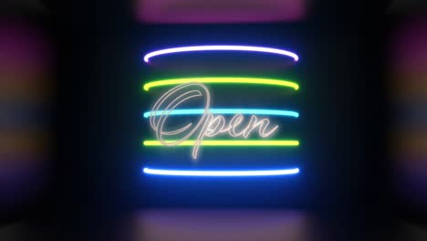 Animation-of-open-over-neon-lights-on-black-background