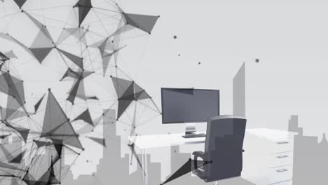 Animation-of-network-of-connections-spinning-over-empty-office-and-cityscape