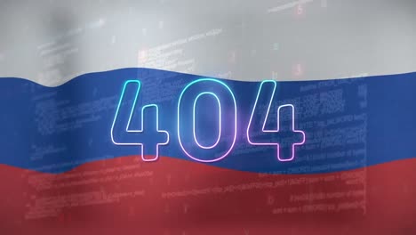 Animation-Der-Text--Und-Datenverarbeitung-404-über-Der-Flagge-Russlands