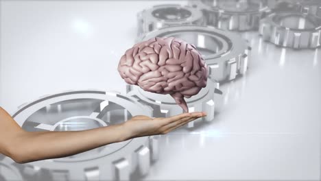 Animation-of-brain-rotating-over-caucasian-woman-hand-and-gears-moving-on-grey-background