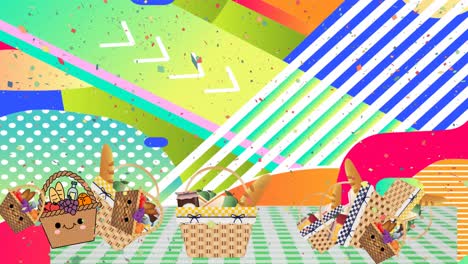 Animation-of-spots-and-confetti-over-picnic-baskets-on-gingham-tablecloth-and-abstract-background
