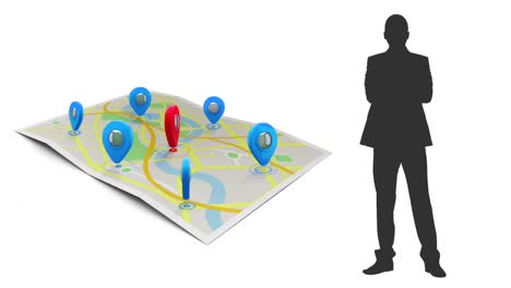 Animation-of-man-shadow-and-map-with-markers-on-white-background