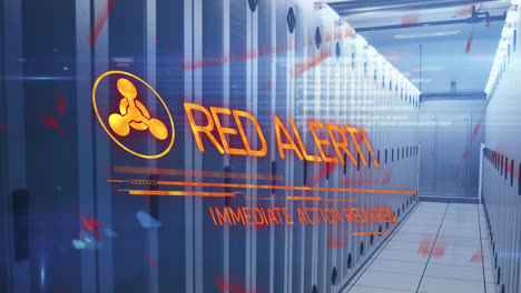Animation-of-red-alert-text-and-symbol-over-server-room